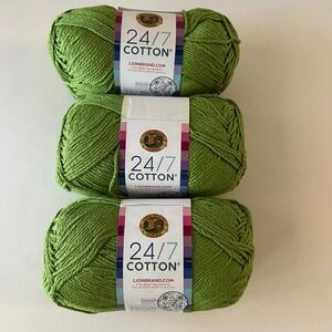 Lion Brand 24/7 Cotton Yarn 3 Skeins 3.5oz wt Mercerized Cotton Grass 172H